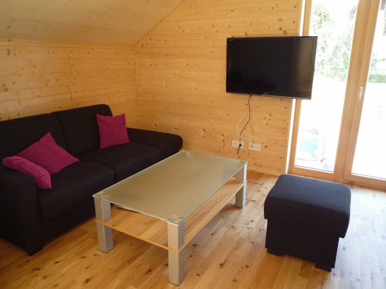 Wohnraum der Wohnung InFichte mit Sofa und Fernseher in heller Fichtenholz-Optik